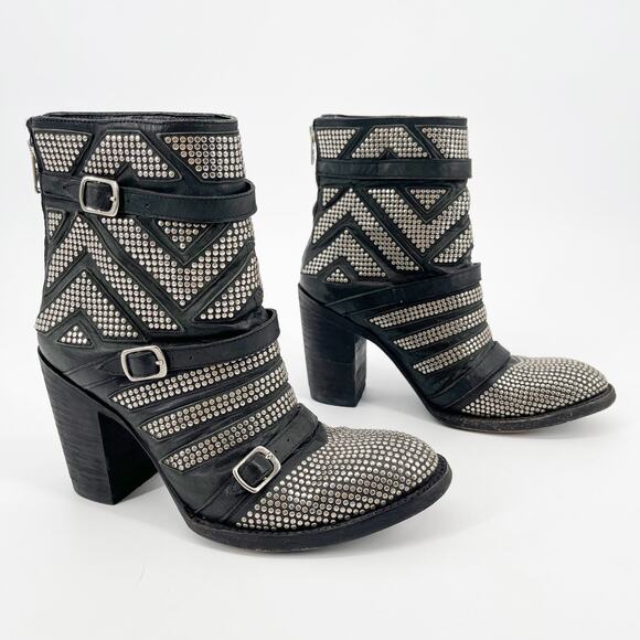 Old Gringo Mexicana Black Leather Celine Studded Western Biker Ankle Bootie sz 7 - Picture 1 of 11